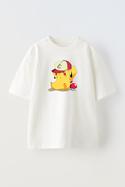 NMG TEKSTİL تي شيرت قطن أبيض كبير الحجم - مع قبعة، طباعة بيكاتشو، للجنسين