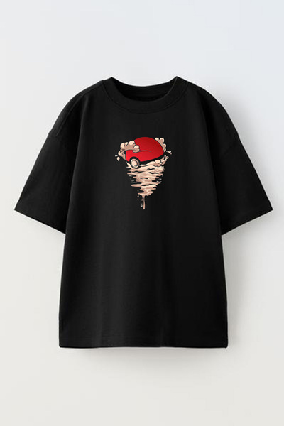 NMG TEKSTİL Pokemon Ball Printed Unisex Black Oversize Cotton T-shirt