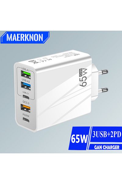 Maerknon GaN Charger USB 65W Muti 5 Ports PD Quick Fast High Speed Charging Type C Mobile Phone Adapter fo...