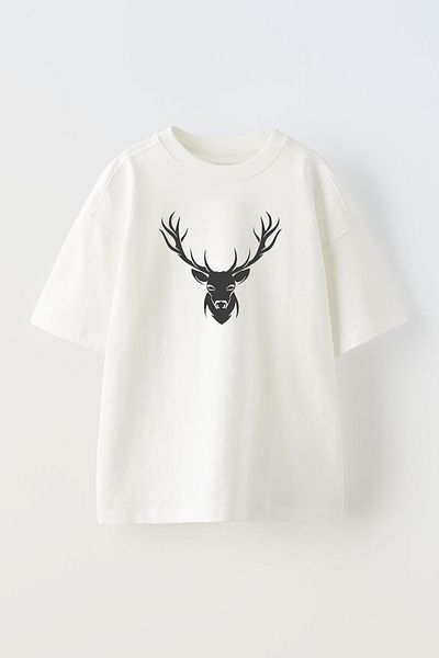 NMG TEKSTİL Tricou unisex alb oversize din bumbac - cu imprimeu cerb