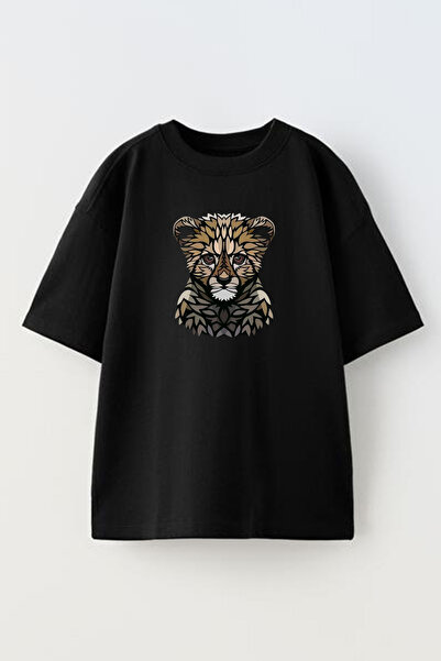 NMG TEKSTİL تي شيرت قطني كبير الحجم بطبعة الفهد الأسود - للجنسين