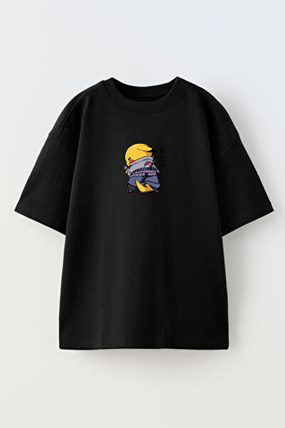 NMG TEKSTİL تي شيرت محبوك مطبوع عليه بيكاتشو صيني من القطن باللون الأسود للجنسين