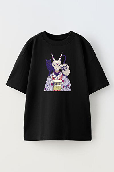 NMG TEKSTİL تي شيرت أسود كبير الحجم مطبوع عليه قطة للطلاب - للجنسين