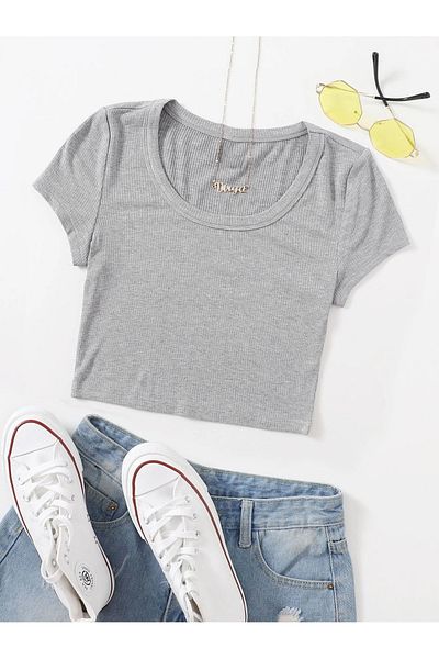 Mad&Calf Γυναικείο Crop Top με ριμπ λαιμόκοψη - Basic Cotton