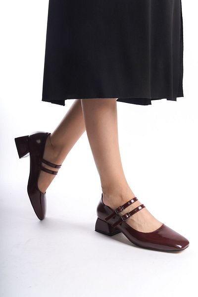 YASEMİN Women's Mary Jane Burgundy Patent Leather Closed Back Square Toe Short Thick Heeled Shoes - Cersei