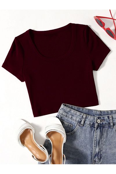 Mad&Calf Crop Top pentru damă cu guler în U - Bumbac de bază