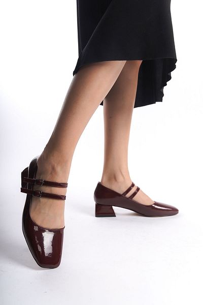 YASEMİN Women's Mary Jane Burgundy Patent Leather Closed Back Square Toe Short Thick Heeled Shoes - Cersei
