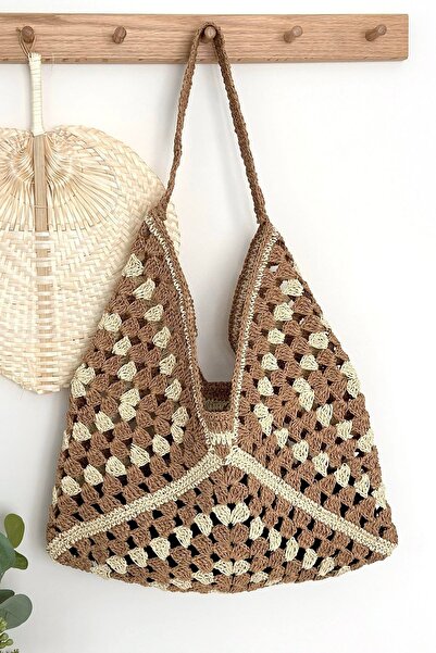BECCASTYLE Hasır Omuz Çantası, Yazlık Çanta, Çizgili Çanta, Örgü Omuz Çantası...
