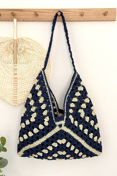 BECCASTYLE Straw Shoulder Bag - Summer, Striped, Knitted, Handmade and Mesh Bag