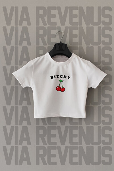 Vordevia Cultură Lycra Albă - Imprimat B*tchy Cherry, Guler Rotund