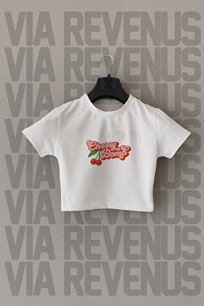 Vordevia Λευκό Lycra Cherry Bomb με στάμπα στενό Crop Top - Crew Neck