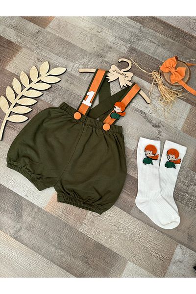 Feriatolye 1 Year Old Baby Boy Khaki Orange Prince Salopet and Bow Tie Set - Birthday