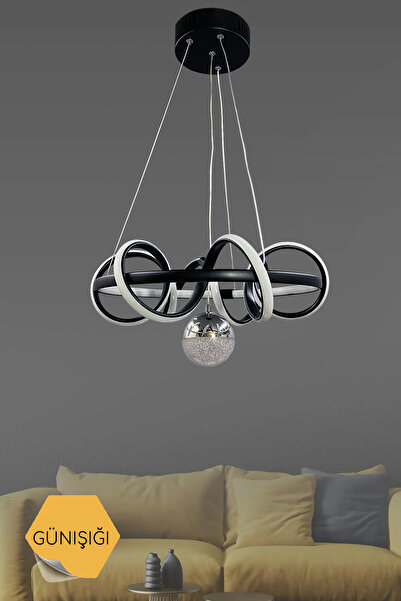 asva aydınlatma Siyah Kıvrımlı Çember Toplu Üç Renk Işık Ledli Avize