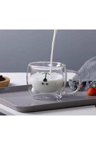 VANCKEY 250 Ml Double Walled and Teddy Bear Design Glass Mug Set of 2 - Mug with Handle 2 Pieces