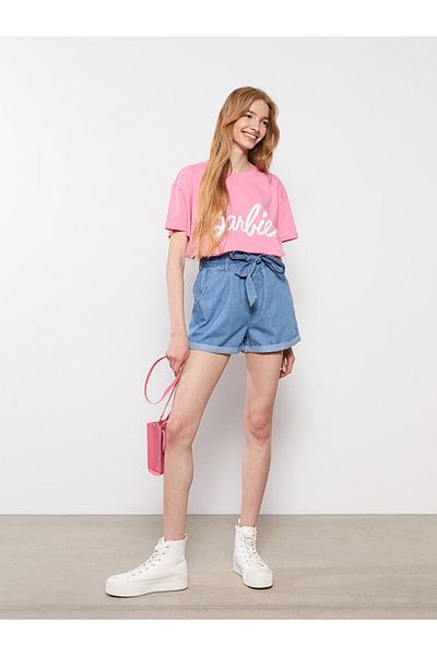LC Waikiki High Waist Paperbag Flat Pocket Detailed Paperbag Women's Jean Shorts