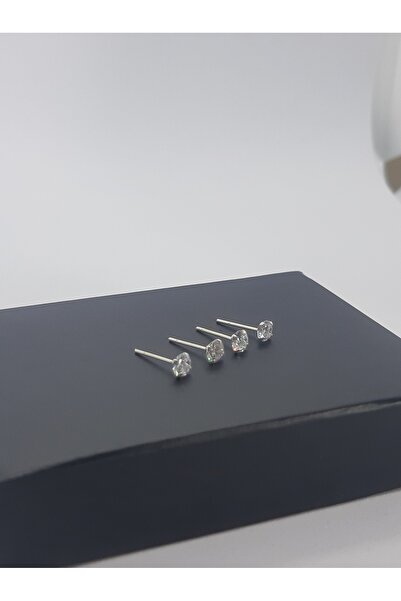 Set 925 Ayar Gümüş (4 Adet) Zirkon Taşlı 4 mm Yuvarlak Küpe( 4'lü Ekonomik Pa...