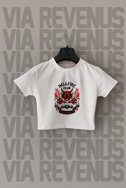 Vordevia Hellfire Club Baskılı Dar Kalıp Bisiklet Yaka Likralı Beyaz Crop