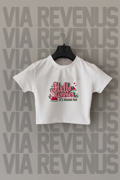 Vordevia Crew Neck Lycra White Crop - Hello Summer Printed