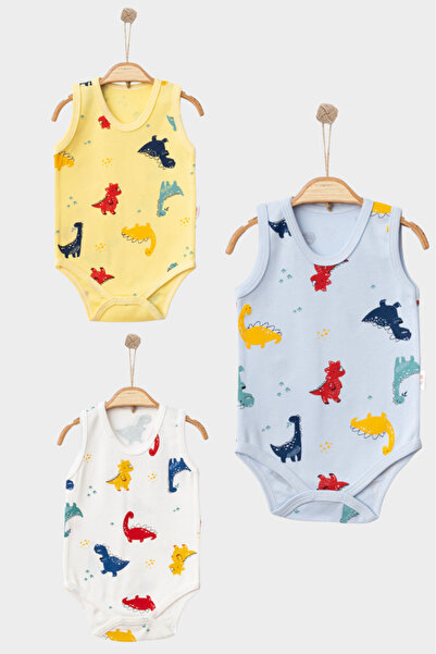 Bamoola بدلة رياضية قطنية منقوشة من دينو مكونة من 3 قطع - مع أشرطة وأزرار كبس