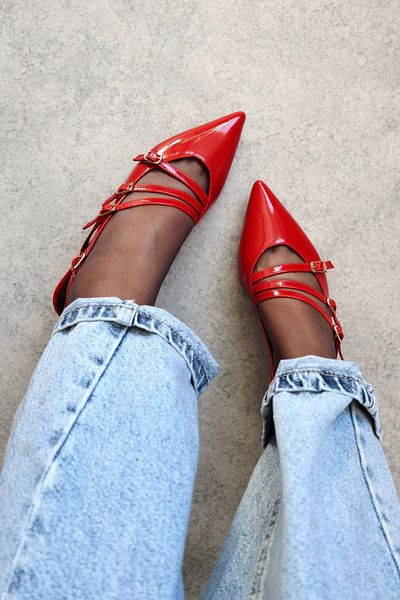 POLKA STORE Serena Pointed Toe Three-Stripe Buckle Red Patent Leather Heeled Women's Shoes