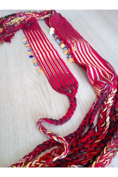 Işıl Işıl Women's Mixed Color Black Sea Bandana Braided Scarf with Puchsia Lira