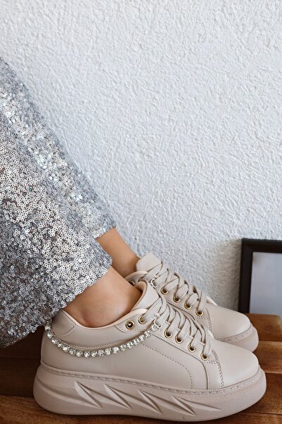 POLKA STORE Άνετα γυναικεία αθλητικά παπούτσια με πέτρινη λεπτομέρεια - με κορδόνια