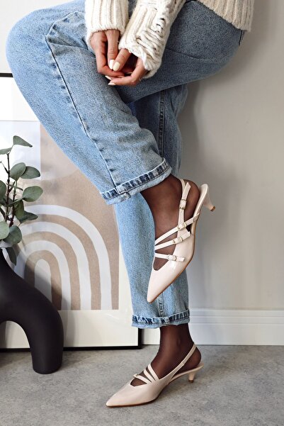 POLKA STORE Serena Pointed Toe Three-Stripe Buckle Beige Nude Patent Leather Heeled Women's Shoes