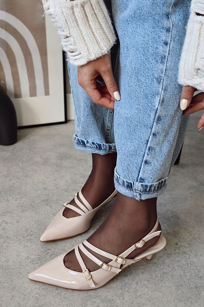 POLKA STORE Serena Pointed Toe Three-Stripe Buckle Beige Nude Patent Leather Heeled Women's Shoes