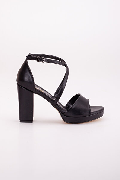 LİLLA Black Faux Leather - Platform and Banded Thick Heel Women's Shoes