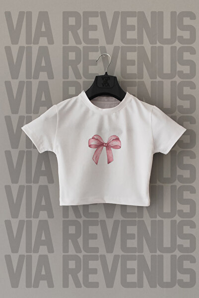 Vordevia Κορδέλα - Λευκό Crop 2024 Fashion Coquette με στάμπα με λεπτή λωρίδα