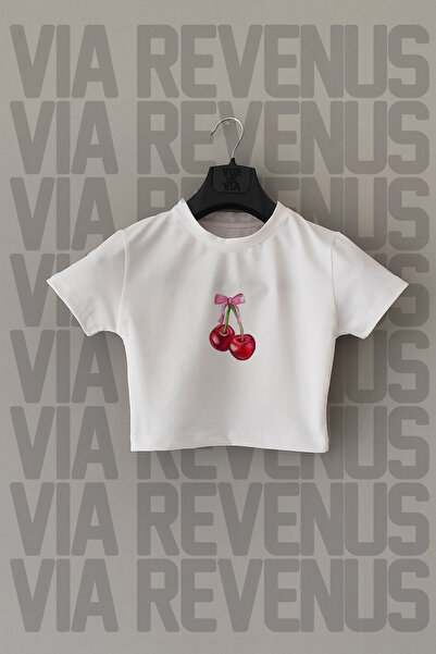 Vordevia Cherry Printed White Crop - Lycra, Crew Neck, Slim Fit 2024 Μόδα Κοκέτα