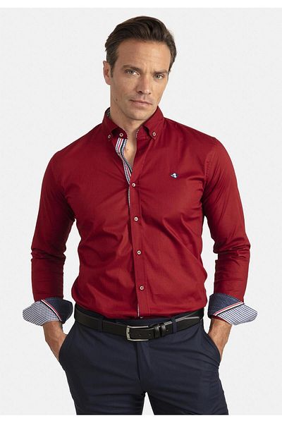SIR RAYMOND TAILOR GOLF CLUB 1877 Si1637559 - Men's Claret Red Collar Washed Regular Fit Shirt with Sleeve and Cuff Stripe Detail