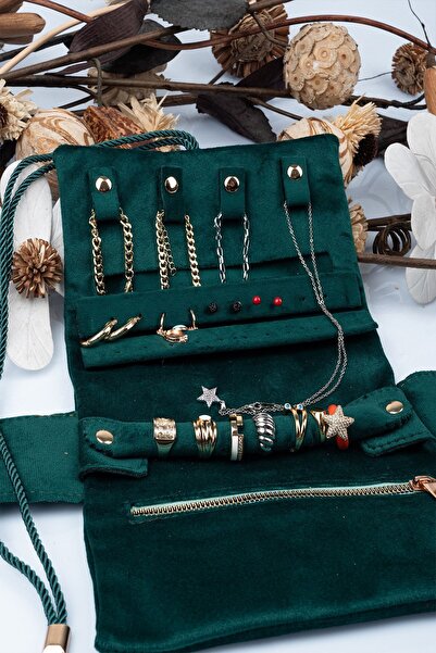 Gold Box منظم مجوهرات وحقيبة سفر قابلة للطي باللون الأخضر