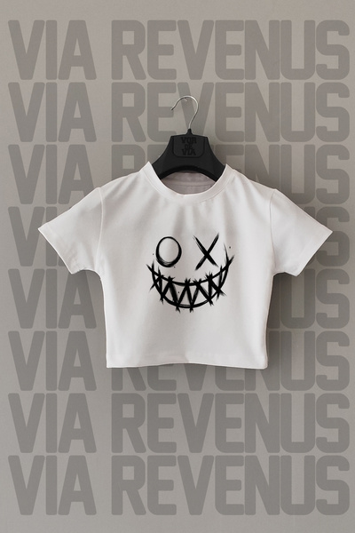 Vordevia Λευκό Λικραρισμένο Crop - Με Εκτύπωση Smile, Στενή Γραμμή, Ριχτό Λαιμό