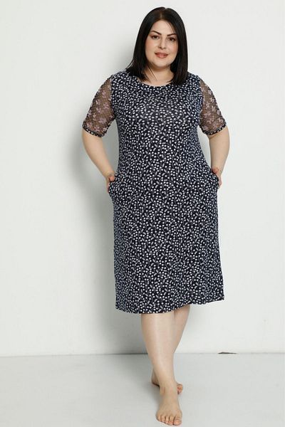 İntensive printed tulle detailed plus size combed cotton modal tunic dress with pockets