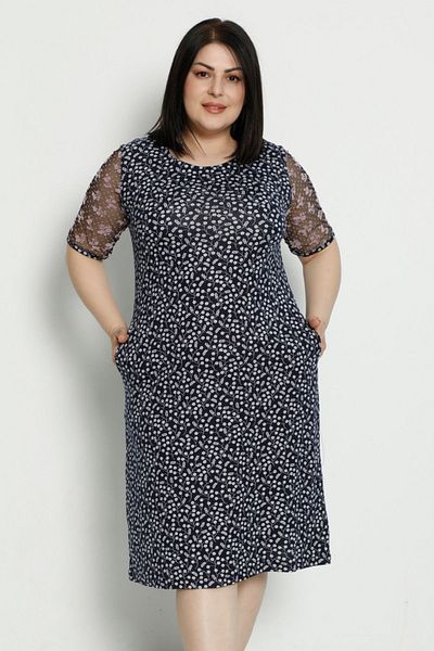 İntensive printed tulle detailed plus size combed cotton modal tunic dress with pockets