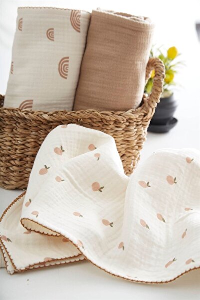 Kirazkids 100 X 100 100X100 Peach Printed 4 Layer Muslin Cover Beige Plain Single Size Cotton