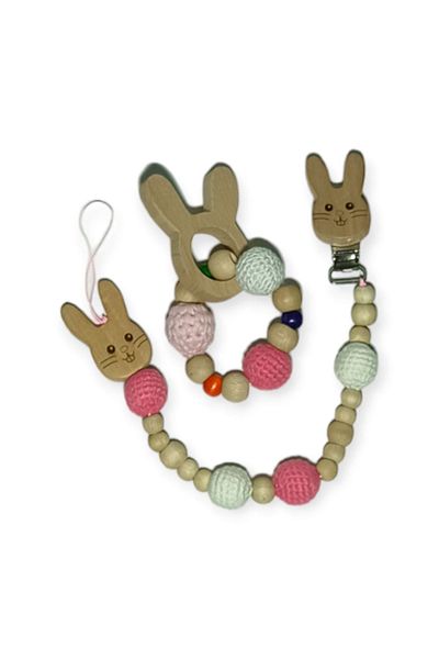 Birmelek Teether Wooden and Knitted - Rattle and Pacifier Hanger