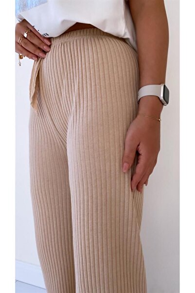 ipek collection 3'lü Füme - Camel- Siyah Kadın Fitilli Raporlu Pantolon & Eşofman, Gündelik Ev Giyim Pijama