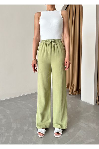 My Blog Gerade Hose aus Leinen – Khaki, 100 % Baumwolle, elastischer Bund