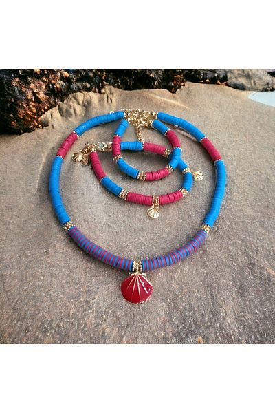 Denis Bujiteri Women's Red Blue Fimo 40cm Extension Necklace, 15cm Extension Bracelet and 20cm Extension Anklet Set