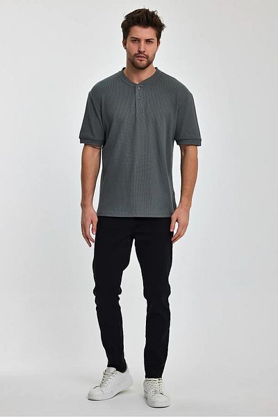 Rodi Jeans Men's Crew Neck Buttoned Khaki T-shirt - Relaxed Fit Honeycomb Woven