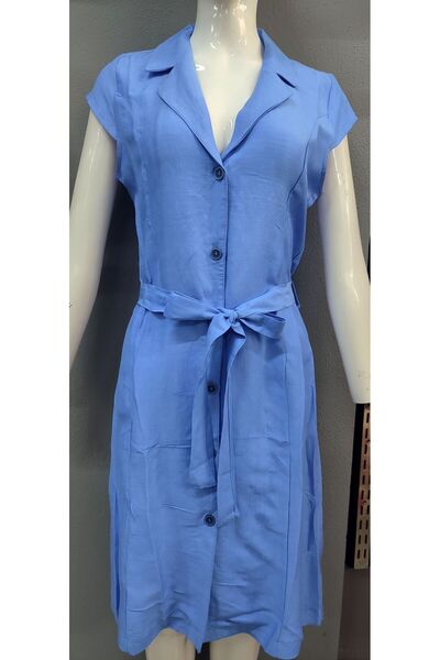 TOPSHOW Rochie cămașă midi din in albastru cu centură - Trend