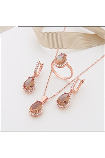 Siset Gümüş 925 Ayar Rose Kaplama Zultanit Damla Taşlı Gümüş Üçlü Set