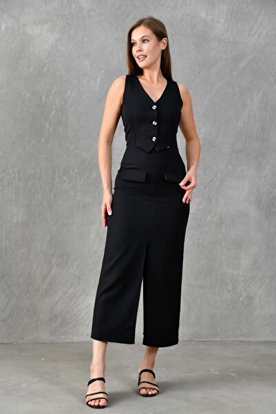 vuvutasarım Yelek ve Etek Görünümlü Yırtmaç Detaylı Midi Boy Siyah Abiye Elbise 1866