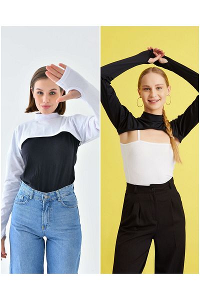 mirach Set of 2 Fisherman Fingered Neck Collar Sleeves White Black Hijab Neck Collar Long Sleeve Neck Collar Bolero