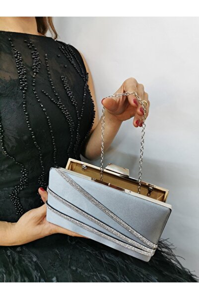 NAZART Geantă de seară din satin cu pietre, platină, clutch portofoliu damă.