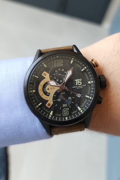T5 Saat T5 Men's Brown Leather Strap Wristwatch with Chronograph Feature