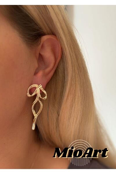 MioArt Kadın Gold Renk 2'li Fiyonk Küpe Küçük Boy 5 Cm