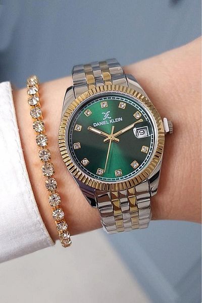 Daniel Klein Gold/Metallic Calendar, Jewelled Green Dial Women's Wristwatch, Jewelled Bracelet Gift